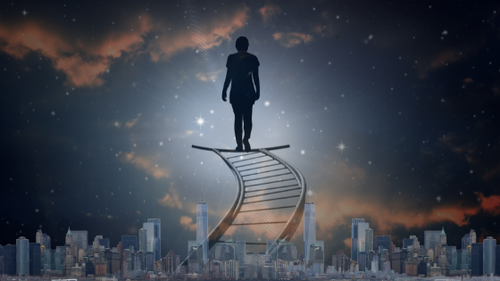 woman ascending ladder above city scape