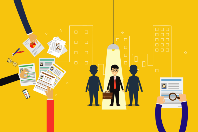 3 job seekers stand in the center of an orange stage. The center job seeker has a spotlight shining on him.