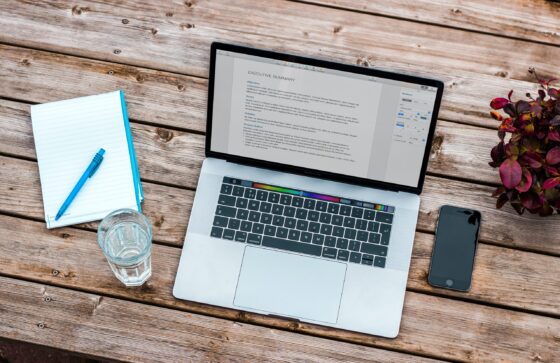 In the center, a silver laptop with a resume on the screen. To the left a white notepad with a blue pen and a glass of water. To the right, an iPhone and red-leafed plant.
