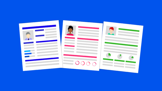 Three resume illustrations on a blue background.