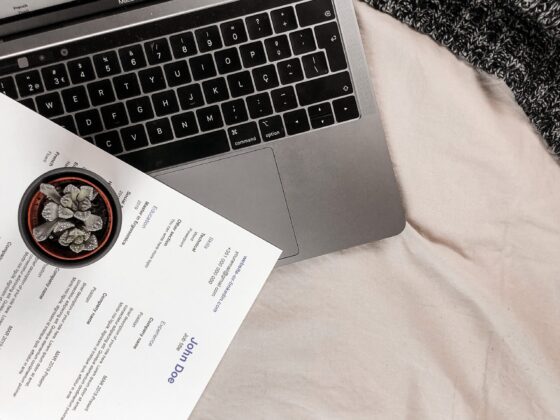 Resume on top of silver laptop with black blanket to the right and succulent plant on top