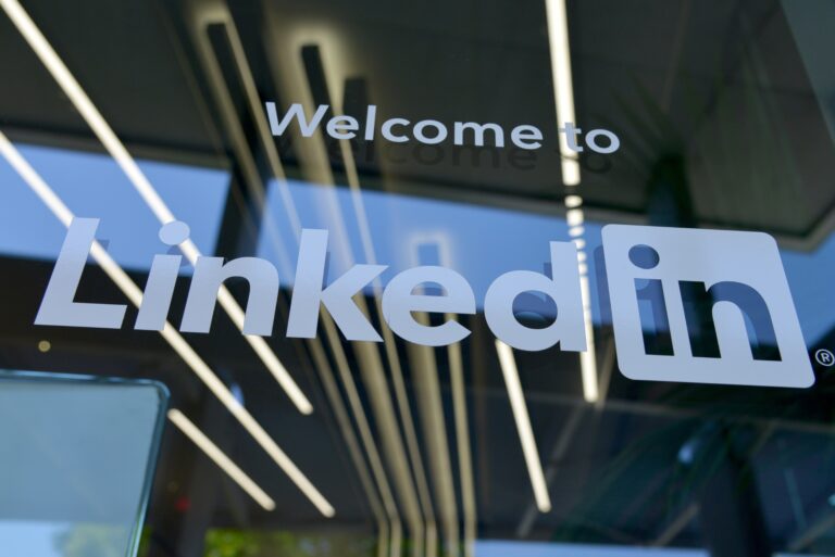 LinkedIn text etched onto window