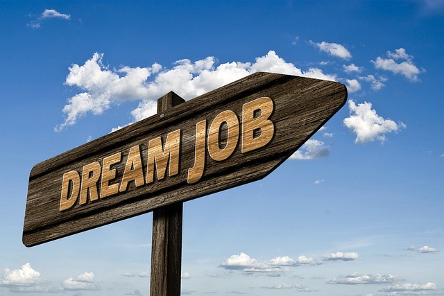 Brown arrow road sign that says dream job. Blue sky with white clouds in the background.