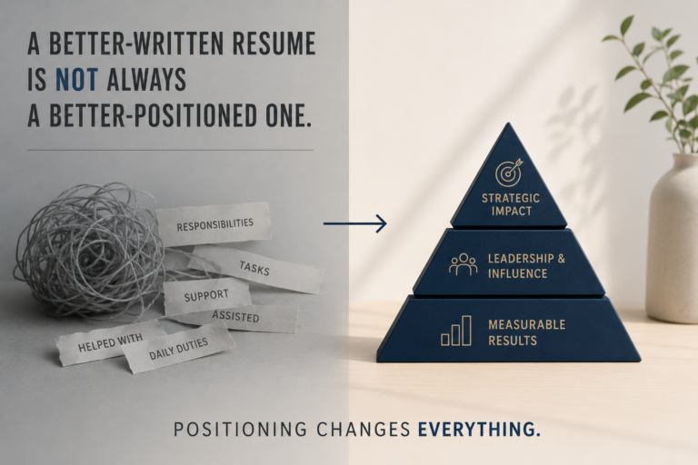 Minimalist illustration showing the difference between a resume rewrite and career repositioning, highlighting measurable results, leadership influence, and strategic impact in modern hiring.