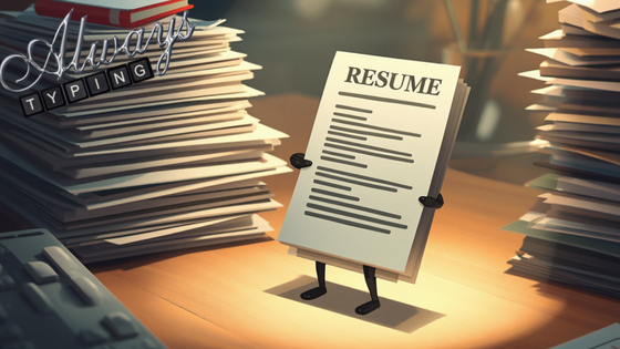 Resume standing on a desk in front of stacks of competing resumes, symbolizing the need to stand out during the hiring process.